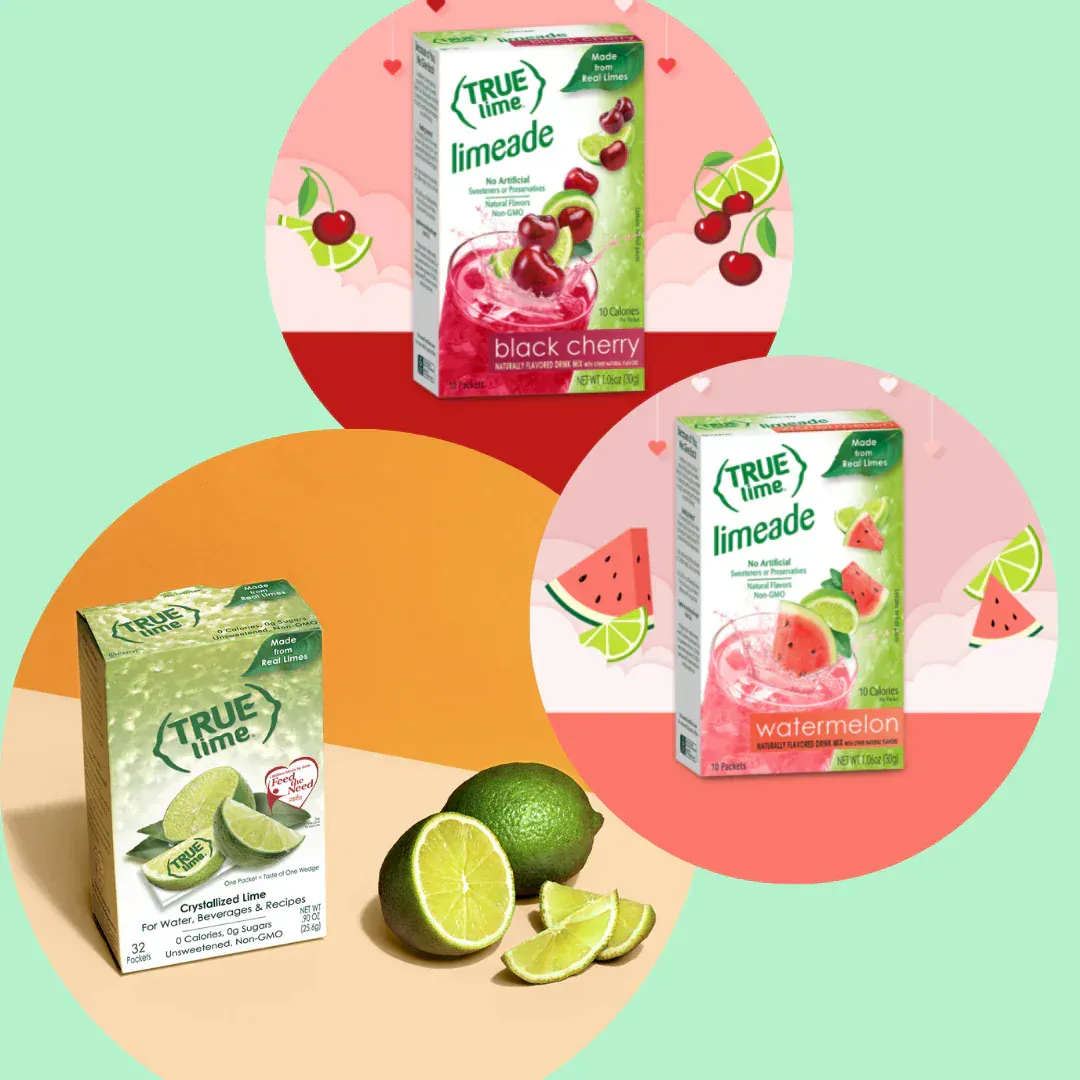 A graphic of a box of True Lime, True Lime Black Cherry Limeade, and True Lime Watermelon Limeade.