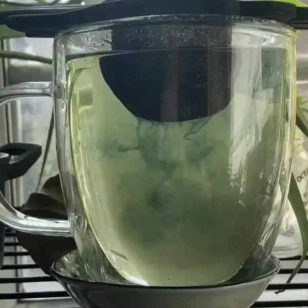A glass of butterfly pea flower tea brewing in a cup.