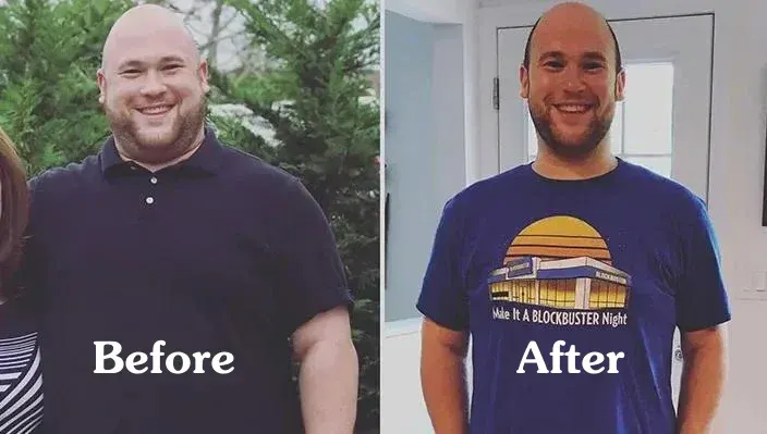 Before and after weight loss photo of customer, Ewan Grabelsky