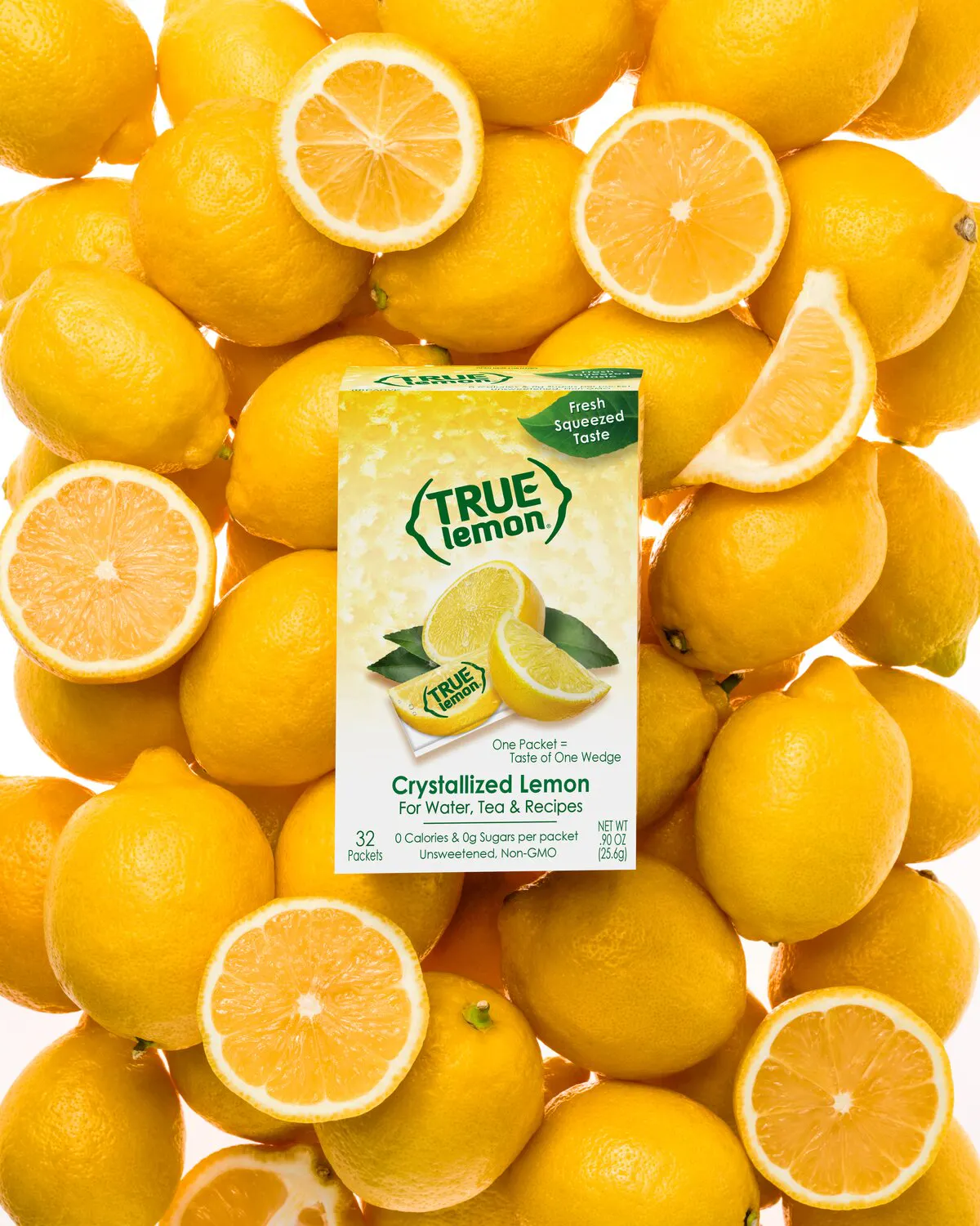 A box of True Lemon on top of sliced lemons.